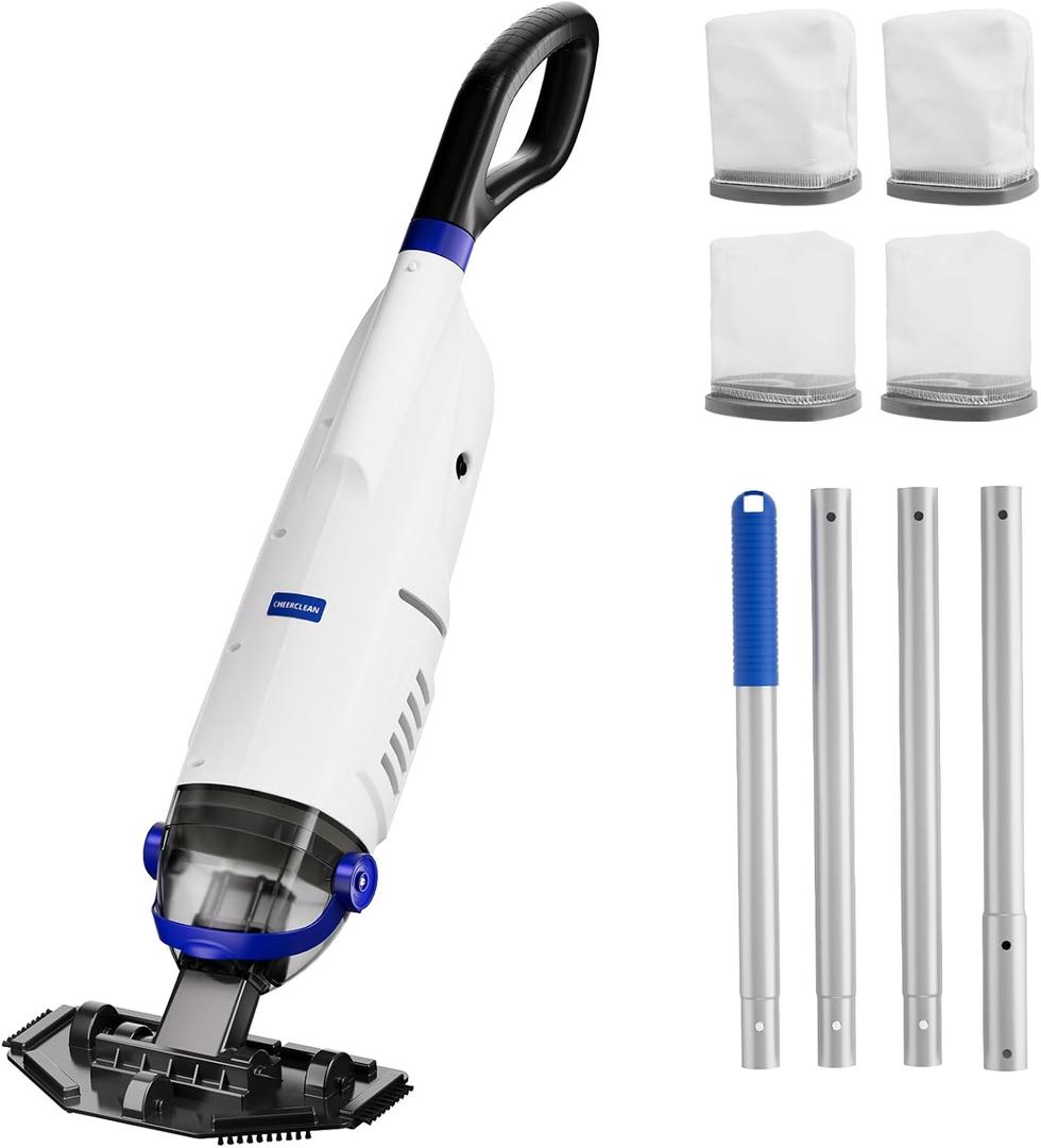Cordless Handheld Pool Vacuum Cleaner 1110 GPH True Strong Suction 60min Run-time 40m Ultra Fine Mesh Filter for Leaves Debris,with Aluminum Pole&Angle Head for Hot Tubs,Inground &Above Ground Pools (Blue)