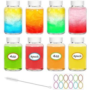 Haneye 8 Pack 4 oz Glass Shot Bottles with Caps - Reusable Wide Mouth Ginger Shots Bottles for Juice, Wellness,Spices, Essential Oil & Travel, Leakproof & Dishwasher Safe with 12 Labels and 1 Brush