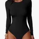 Women Long Sleeve Crew Neck Bodysuits Top 2025 Fall Slim Fit Ribbed Knit Soft Basic Tee Shirts, M
