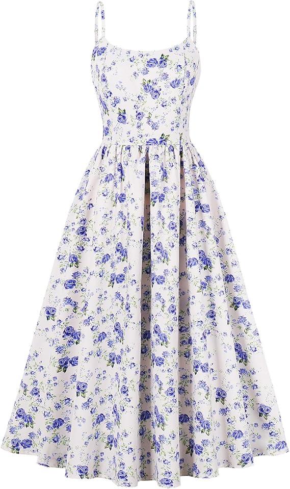 Women Floral Corset Dress Low Cut Spaghetti Straps Summer Dresses Boho Flowy Midi Dress Casual Sundress (Medium, Blue)