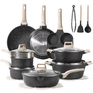 CAROTE 21pcs Pots and Pans Set Nonstick, Cookware Set Black Granite Induction Kitchen Cooking Set w/Frying Pans & Saucepans(PFOS, PFOA Free) (21 Piece, Classic Black)