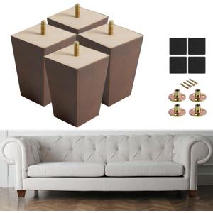 4 Inch Wood Furniture Legs - Set of 4, Solid Wooden Square Couch Sofa Replacement Legs, Mid-Century Modern Feet for Coffee Table, Dresser, Ottoman, Bench, Armchair, Cabinet, Bed - Brown