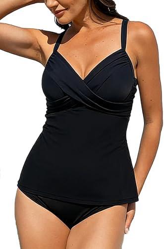 Halcurt Women's Twist Front Tankini Swim Top Only V Neck Loose Fit Bathing Suit Push Up Swimsuit Top, 2 XL