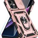 SunStory Phone Case for iPhone 17 Case with HD Screen Protector & Slide Camera Cover & Rotated Ring Kickstand, [Military-Grade] Phone Case for iPhone 17, Rose Gold