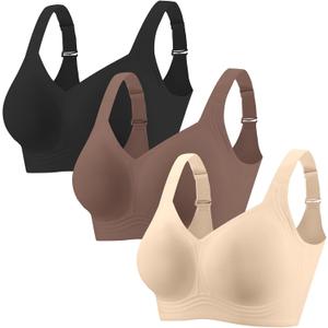 PoseFree Womens Seamless Wireless Supportive Bra Push Up Comfort Soft No Underwire Full Coverage T-Shirt Bra (Medium, Nude+black+coffee)