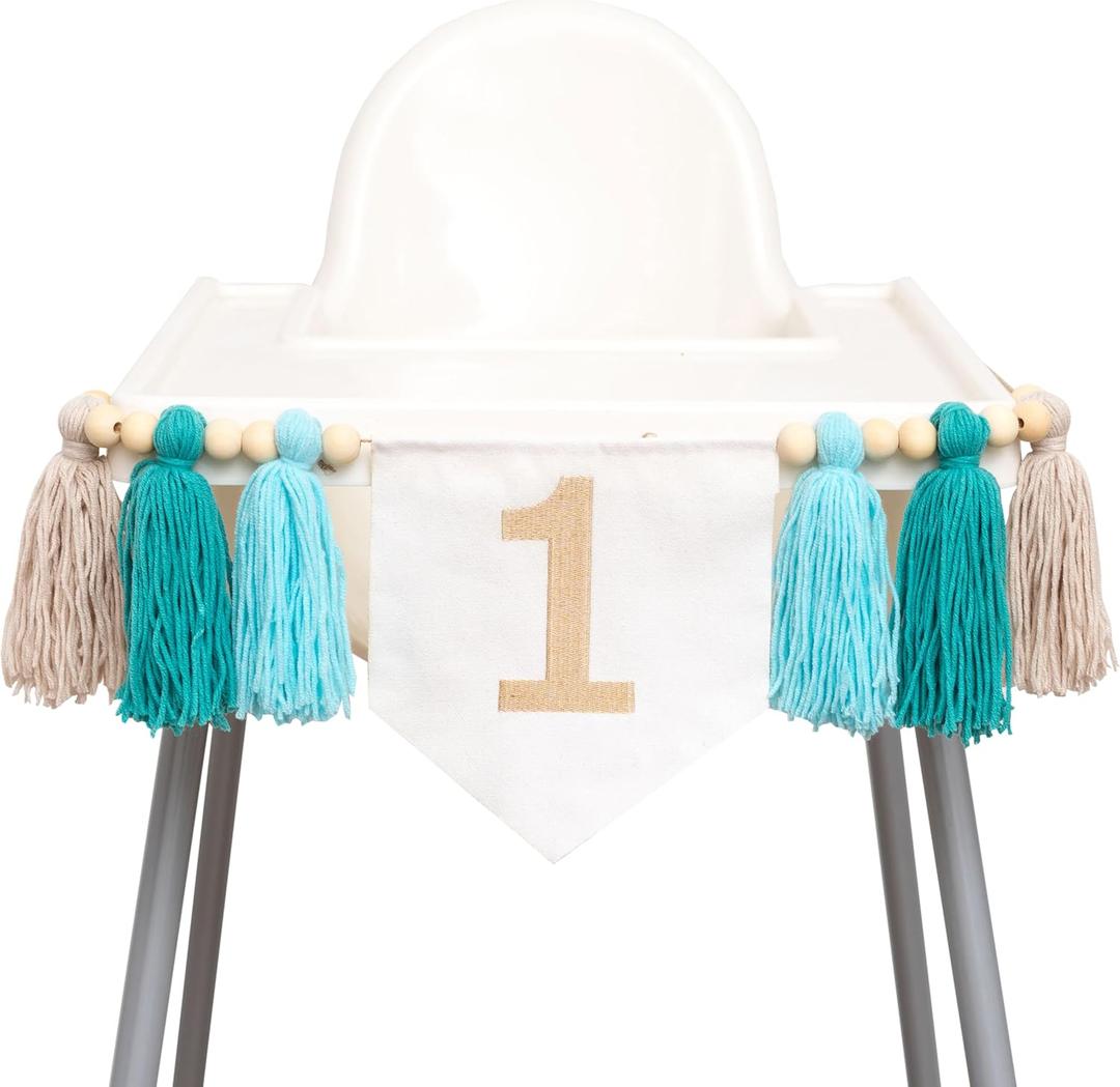 The Big One Highchair Banner - Sea Blue High Chair banner, Surf Beach First Birthday Decor Tassel, Under the Sea 1st Birthday High Chair Banner for Cake Smash, Photo Props