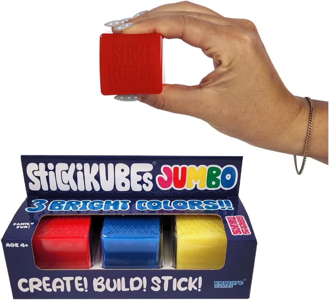 KOMARC GAMES Jumbo StickiKubes 3-Pack - Stress Relief Toy, Squishy Cube, Non-Toxic Creative Construction Toy, 1.5 Inches, 3 Colors Red Blue and Yellow