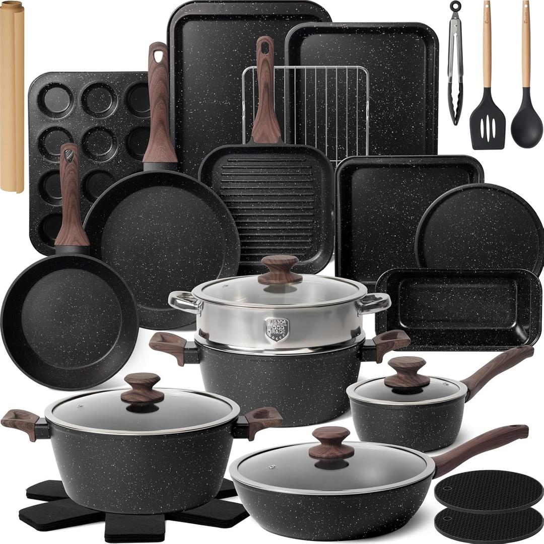 Kikcoin Pots and Pans Set Non Stick 31 Piece Kitchen Nonstick Cooking Cookware Sets with Grill Pan Saucepan Baking Sheet Utensil (Black)