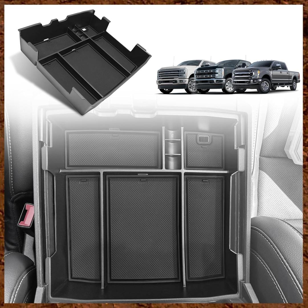 Muslogy Center Console Organizer For 2023-2025 Ford F250 F350 F450 Super Duty Accessories Custom Fit Storage Box Divider(Fit with OEM Tray), Fits Seats Only, Not for Work Surface Console(Black)