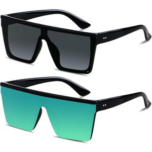 LYZOIT Square Oversized Sunglasses for Women Men Big Flat Top Fashion Shield Large UV Protection Rimless Shades ((2pack) Glossy Black + Mirrored Green)