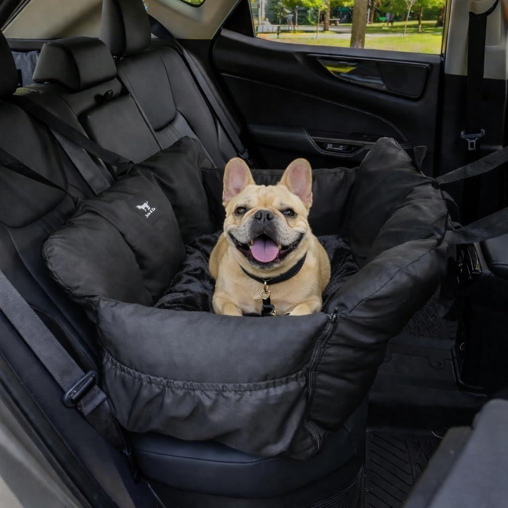 JACKO & CO Premium Dog Car Seat Safe & Cozy Travel Bed Carrier for Small Dogs, Puppies, Pets, Clip-On Leash, Storage Pockets, Water-Resistant, Machine Wash (Black, Removable - Medium (25-40lbs))