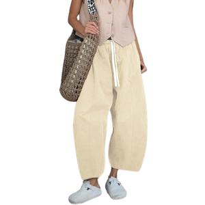 Gihuo Women's Cotton Wide Leg Pants, Elastic Waist Harem Style, Casual Baggy Palazzo Pants with Pockets(Beige-XL) 