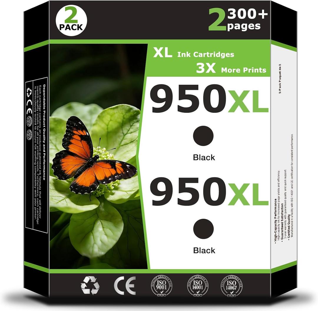 950XL Ink Cartridges Compatible for HP950xl for HP 950 XL Printer Ink 950 xl 950 Black ink Work with OfficeJet Pro 8110 8600 8610 8615 8620 8625 8630 8640 8660 251dw 271dw 276dw Printers(2 Pack)