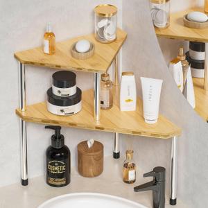 Weenson Bathroom Organizer Countertop Corner Shelf 2 Tier Bathroom Organization Bamboo Spice Rack Kitchen Countertop Organizer Space Saving Storage Shelves Living Room Office Home Decor