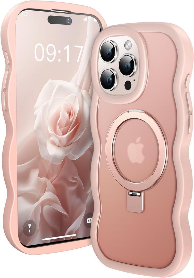 [Cute Wave Frame+Mag Stand] Designed for iPhone 15 Pro Max Case, [Fit for MagSafe] Translucent Silicone Protective Magnetic Ring Phone Case Cover for iPhone 15 Promax 6.7 inch Men Women, Pink
