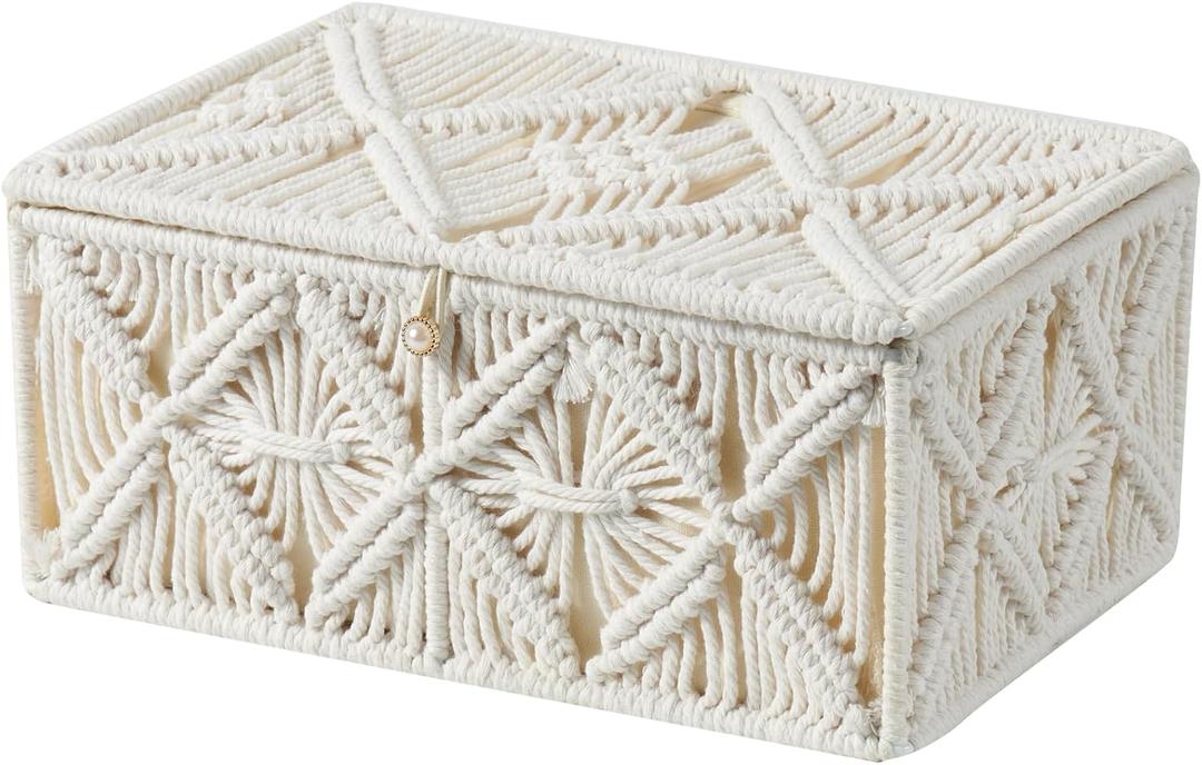 Decorative Boho Storage Baskets with Lid Bohemian Macrame Jewelry Box Handmade Natural Cotton Rope Woven Bins Memory Keepsake Photo Makeup Organizer Shelf Container (Off White, Large)