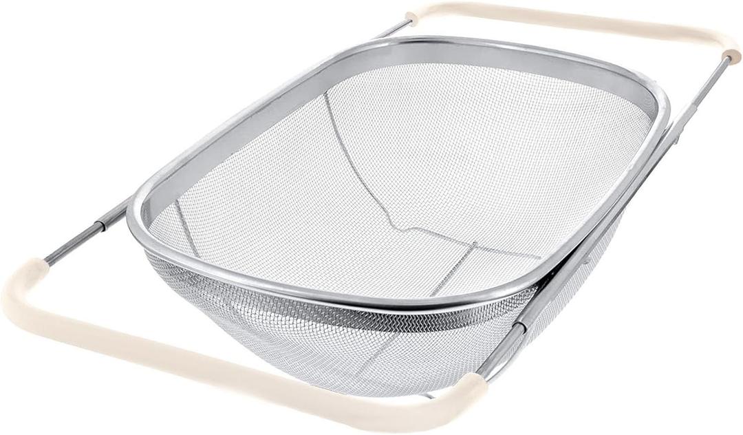 Over The Sink Colander, 6 Quarts Stainless Steel Oval Colander with Expandable Rubber Grip Handle, Fine Mesh Strainer Baskets Kitchen Colanders for Strain, Drain, Rinse Vegetable, Fruits, Beige (Large)