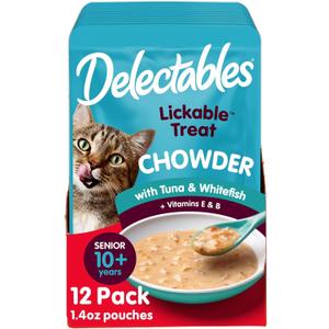 Delectables Lickable Treat Chowder Senior 10+ Wet Cat Treat with Real Tuna & Whitefish, Food Topper, Hydrating, Grain-Free, No Fillers, By-Products, Added Preservatives, 1.4oz Pouch, 12ct, BBD: SEP 18/2027