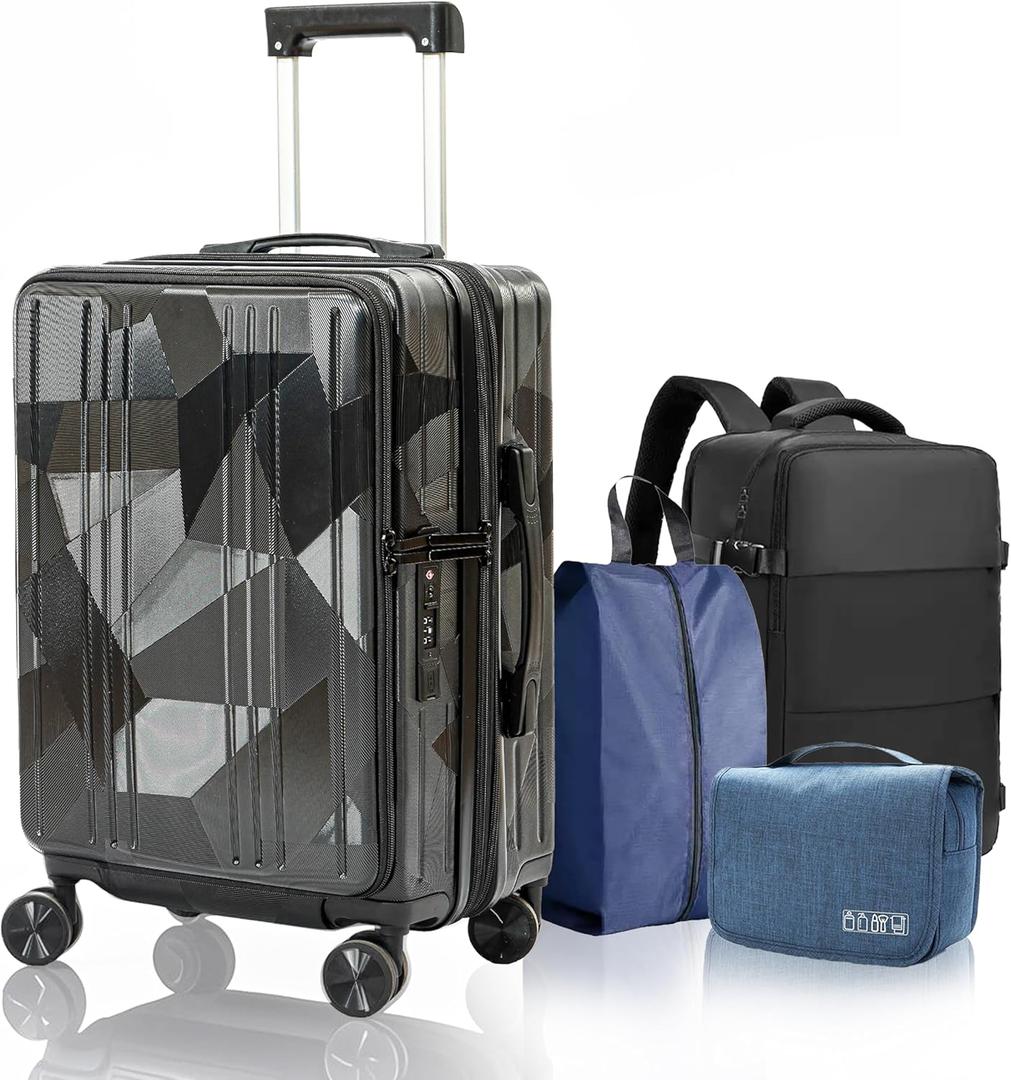 20 inch Carry On Luggage Expandable Top Opening/Clamshell Opening, TSA Approved Carry On Luggage Hard Shell Suitcases, Lightweight Away Carry On Suitcases with Large Capacity Backpack, Black