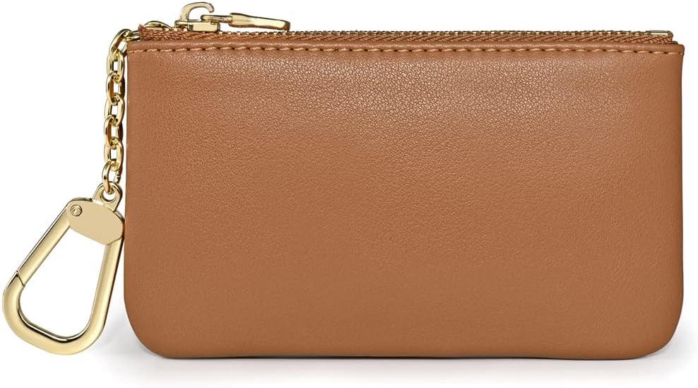 Premium Genuine Full Grain Leather Mini Coin Purse Keychain Pouch Card Holder for Men Women (Light Brown)