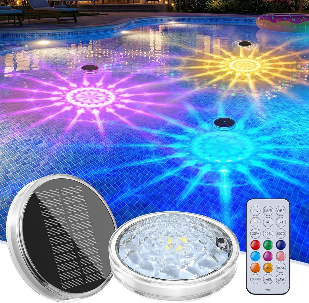 Floating-Solar-Pool-Lights 2 Pack, RGBWW 12 Lighting Modes, 3 Dimming & Timing IP68 Waterproof with Remote Control, Solar Floating Pool Lights for Above Ground Pools Inground Pools Accessories Bathtub