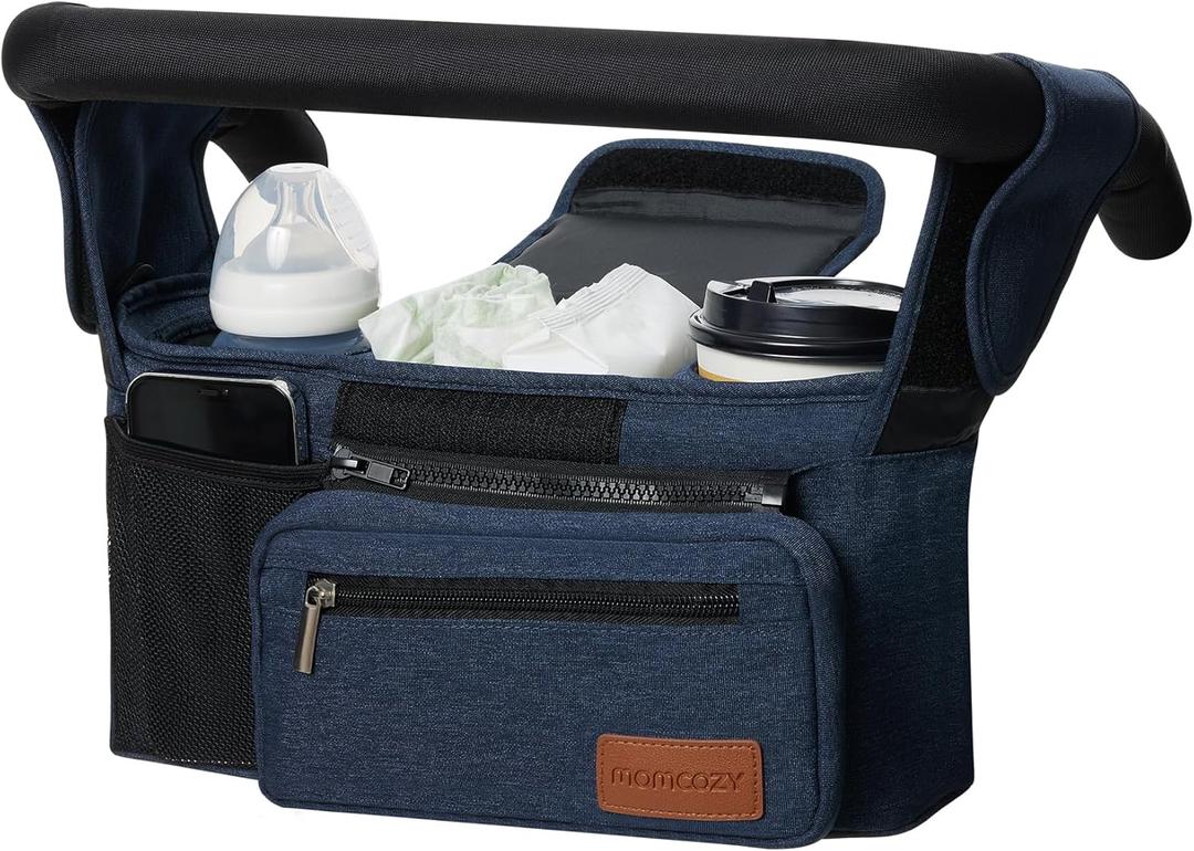 Momcozy Universal Baby Stroller Organizer, 2 Insulated Cup Holder, Detachable Zippered Pocket, Adjustable Shoulder Strap, Large capacity for baby essentials, Compact Design Fits Any Strollers (Blue)