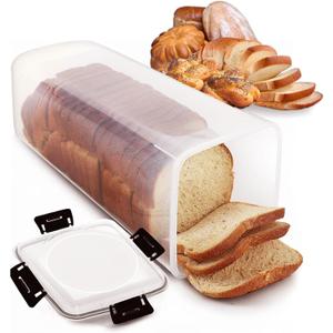 Clear Airtight Bread Storage Container with 4-Latch Lid, Tall Plastic Bread Box for Sandwich Loaves, Bagels & Baguettes, 5513 in BPA-Free Bread Keeper for Counter, Pantry & Freezer