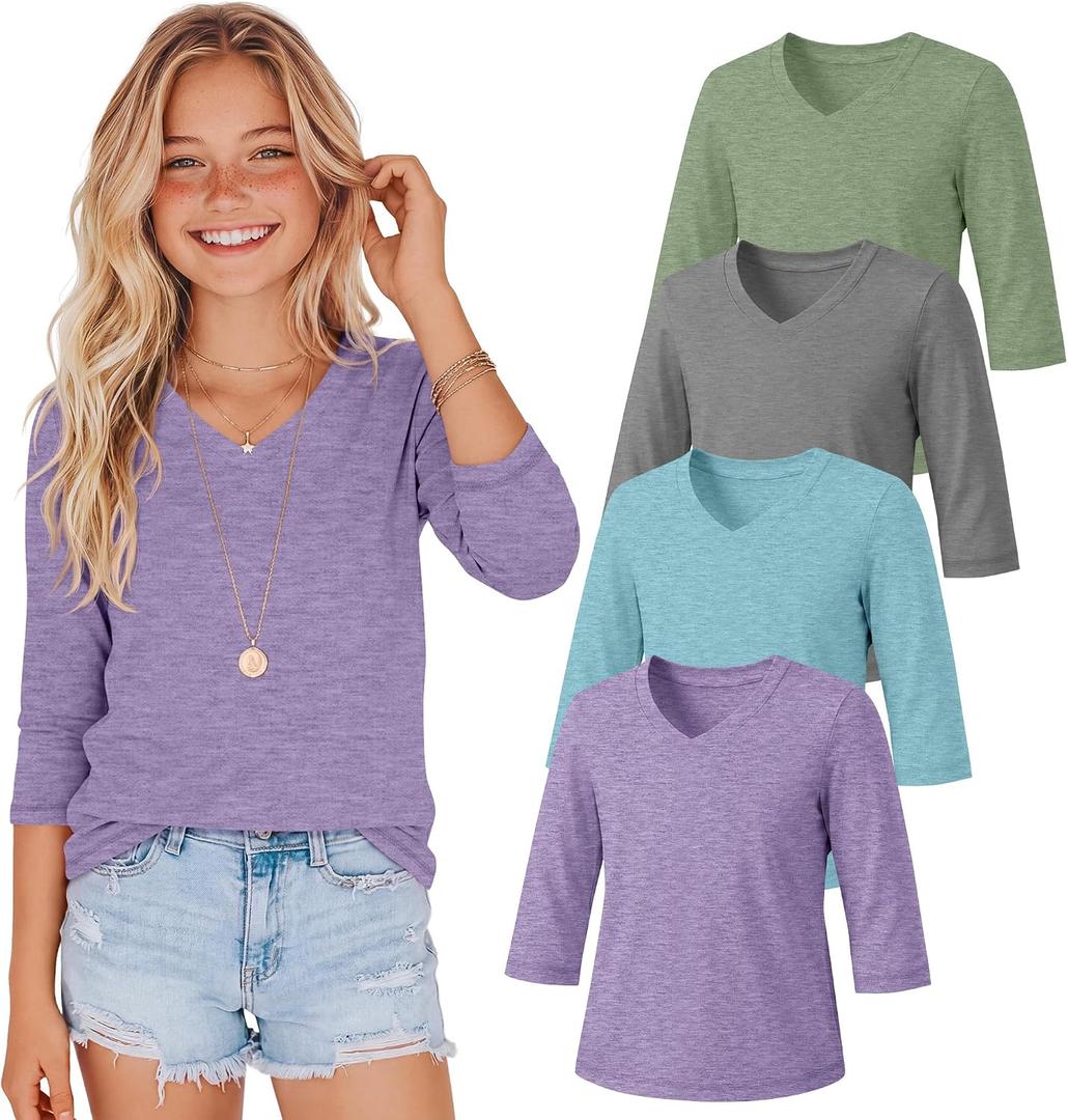 4 Pack Girls' 3/4 Sleeve T Shirts | V Neck, Kids, Youth, Blouse, School, Every Wear, Casual, for 5-14 Years, Tops, Soft, Teen, Active, for Tween