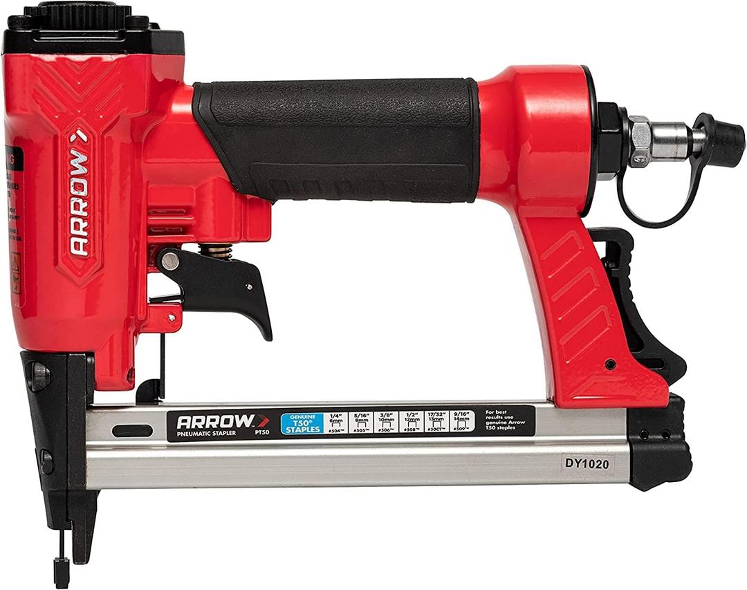 Arrow PT50 Oil-Free Pneumatic Staple Gun, Professional Heavy-Duty Stapler for Wood, Upholstery, Carpet, Wire Fencing, Fits 1/4, 5/16, 3/8", 1/2", 9/16 Staples , Red