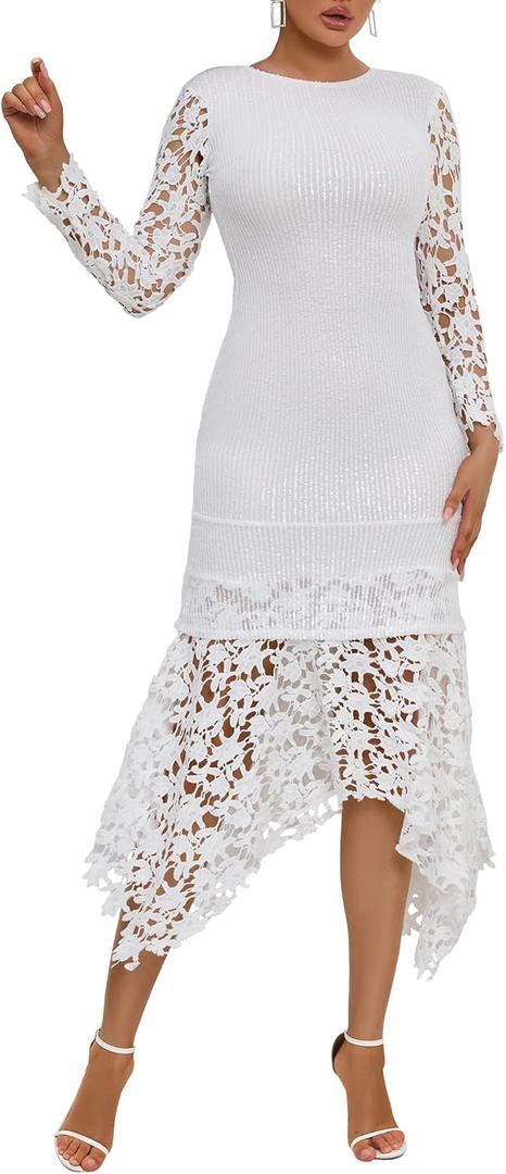 IWFEV Sequins Floor-Length Hollow Asymmetrical Women's Maxi Dress Lace Dress Party Evening Dress (Medium, White)