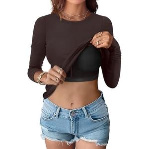 ANRABESS Women Long Sleeve Shirts Built-in Bra Crewneck Rib Knit Slim Fit Basic Tee Tops 2025 Fall Casual T-Shirt Base Layer, Size XL