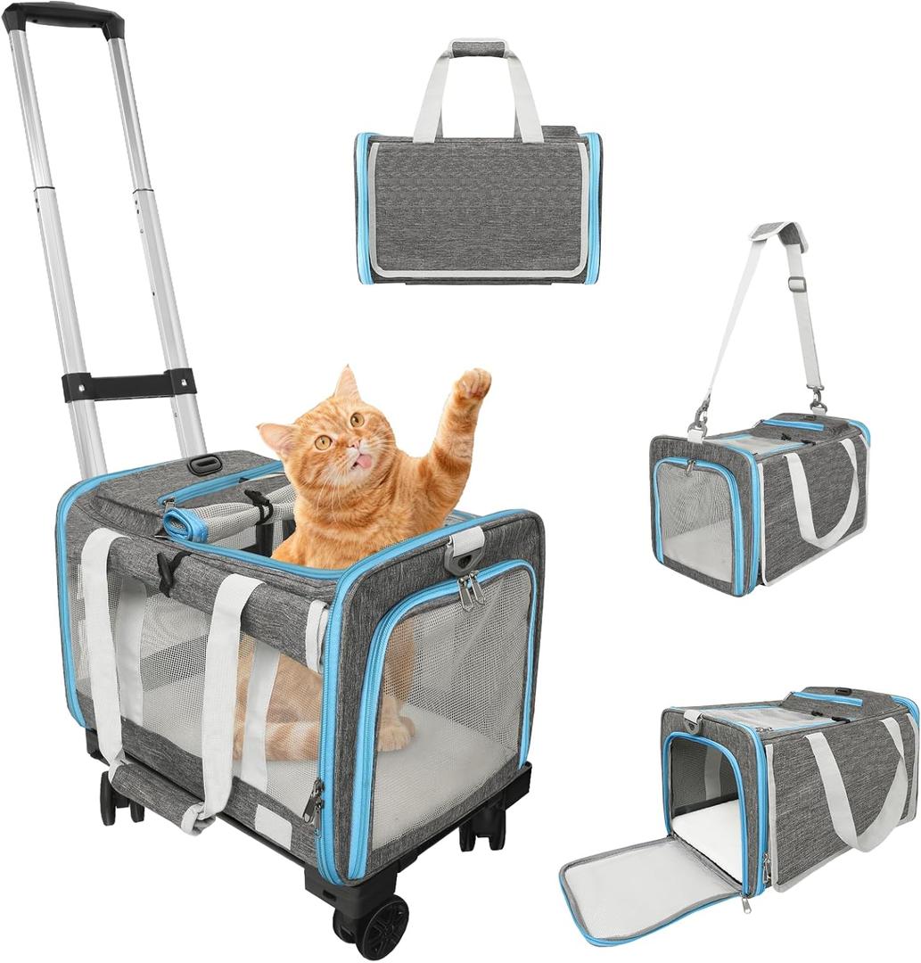 Pet Carrier with Wheels Up to 25 lbs Airline Approved Dog Carrier Rolling Pet Carrier w/Removable Wheels & Washable Plush Mat Pet Travel Carrier with Telescopic Handle & Shoulder Strap (Blue)