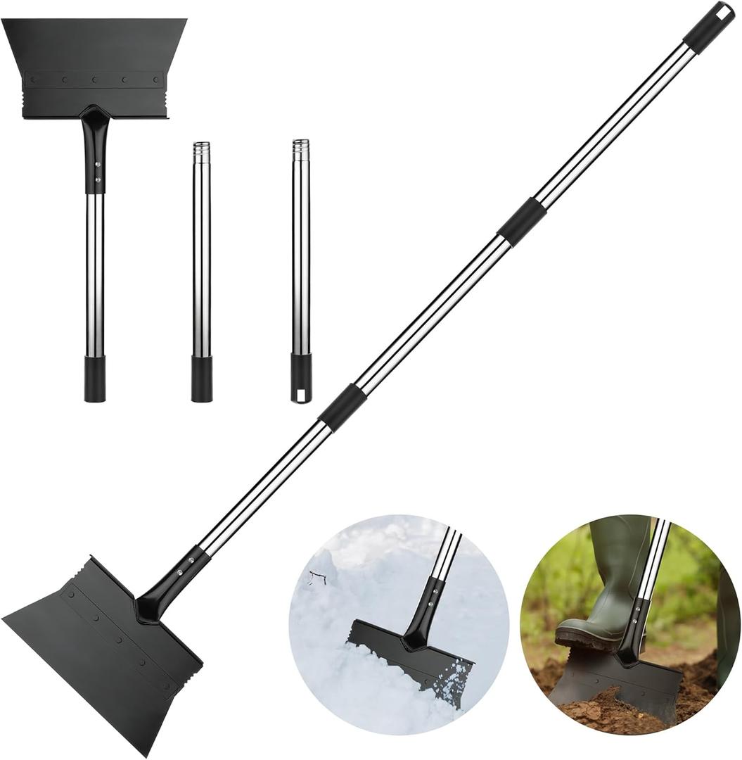 Heavy-Duty Manganese Steel Ice Scraper, Snow Shovel and Multi-Purpose Cleaning Tool Detachable with Stainless Steel Handle for Easy Storage, for Outdoor Garden, Wall Cleaning, and Snow Removal