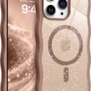 BENTOBEN for Magnetic iPhone 15 Pro Max Case, Cute Curly Wavy Frame Bumper [Compatible with Magsafe] Clear Glitter Sparkly Slim Shockproof Protective Girly Women Men Boys Phone Cover, Desert Titanium