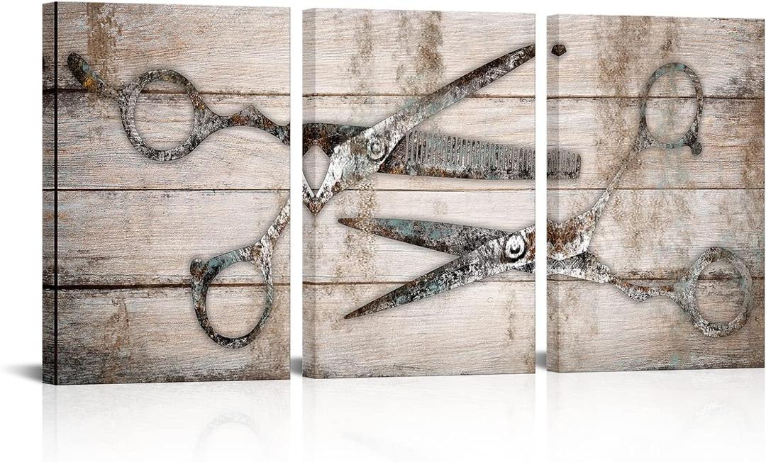 Kalormore Vintage Haircut Scissors Picture for Barbershop Fashion Salon Wall Art Gallery Wrapped Artwork Retro Rustic Haircut Tools Poster Ready to Hang Wall Decoration (16x24x3)