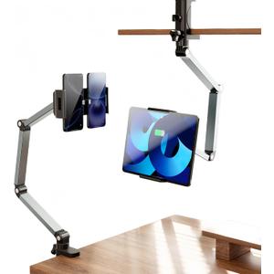 Aluminum Foldable Arm Tablet Stand, 360 Rotatable Phone Holder iPad Stand, Adjustable Tablet Mount for 4.7"-13" iPad, iPhone, Galaxy Tab, Compatible with Desk Bedside Kitchen, Gray