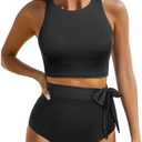 Aqua Eve Women High Waisted Bikini Set Racerback Swimsuit Two Piece Bathing Suit High Neck Swimwear L