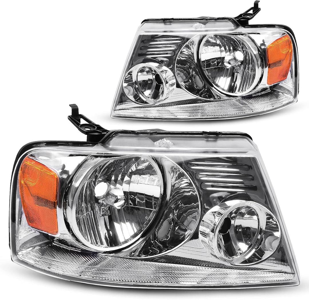DWVO Headlight Assembly Compatible with 2004 2005 2006 2007 2008 Ford F150 Pickup 2006 2007 2008 Lincoln Mark LT Passenger and Driver Side Chrome Housing Amber Reflector