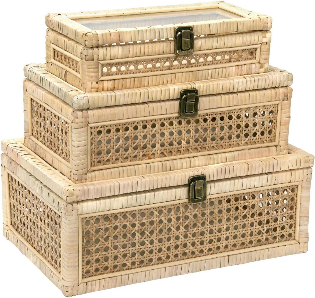 Boho Rattan Display Boxes with Glass Lids, 3 Pcs Large Natural Handwoven Cane Basket, Home Decor Organizers Storage Bins, Natural Finish Display Boxes