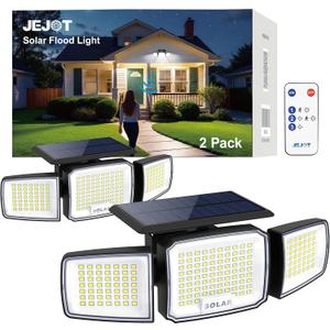Solar Security Light Outdoor,Solar Flood Light with Active Motion Sensor,3 Heads 270 Wide Angle,Remote Control,IP65 Waterproof, 3 Modes (2 Packs)
