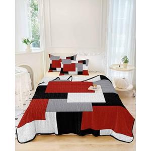 Full Quilt Set, Abstract Red Black Grey White Color Block Lightweight Soft Microfiber Summer Bedspread Coverlet with 2 Pillow Shams, Splicing Geometric Plaid 3 Piece Bedding Set for All Seasons