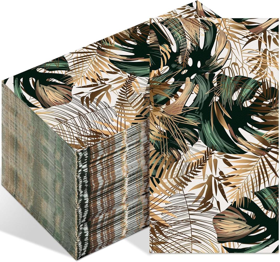 Engrowtic 100 Pcs Hawaii Tropical Napkins Disposable Paper Hand Towels Green gold Leaves Guest Hand Napkins for Bathroom Wedding Baby Shower Birthday Bridal Holiday Dinners Party Decor (Hawaii Style)