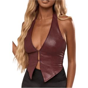 SOLY HUX Women's PU Leather Halter Tank Tops Sexy Deep V Neck Asymmetrical Vest Corset Party Clubwear, Small SOLY HUX Women's PU Leather Halter Tank Tops Sexy Deep V Neck Asymmetrical Vest Corset Party Clubwear, Small