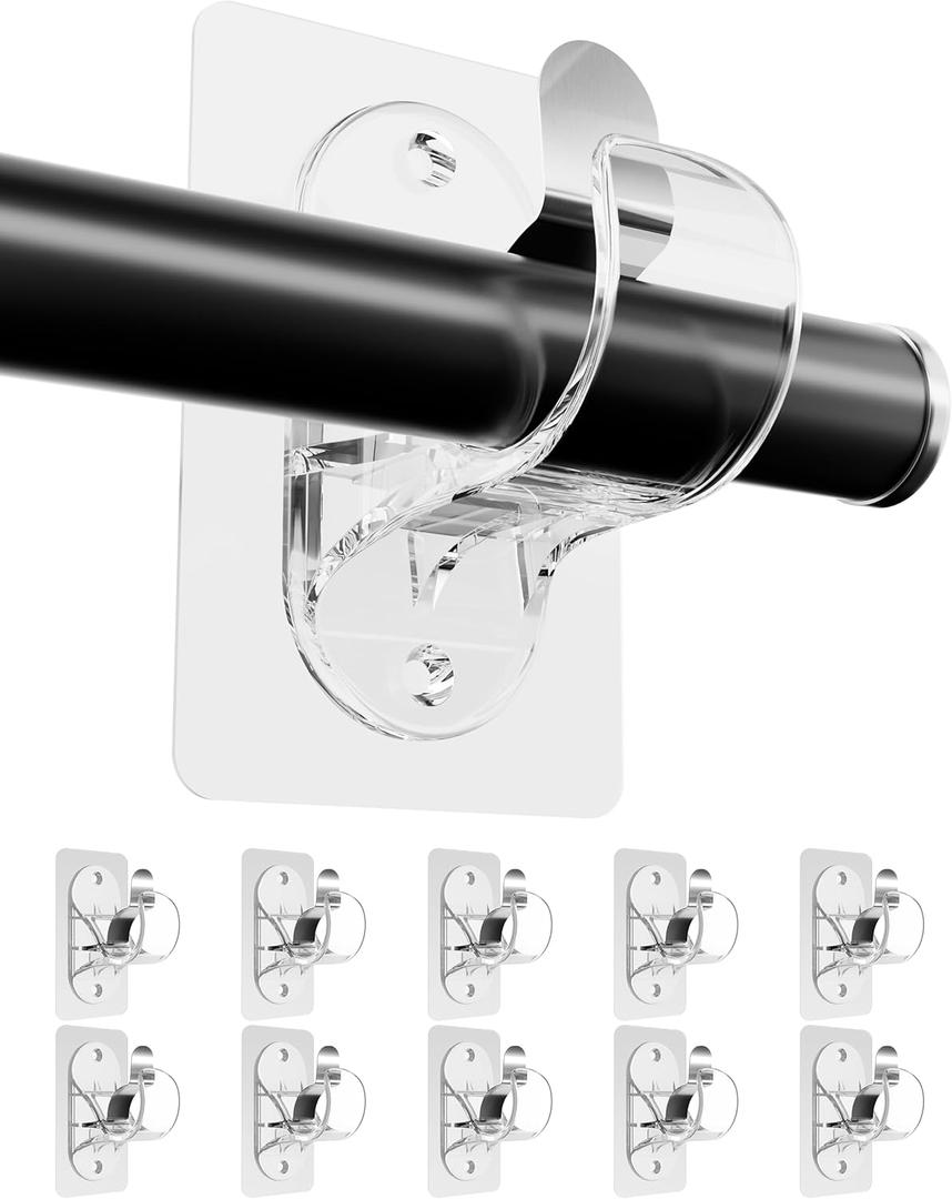 ANDGOO 10 Pack No Drill Curtain Rod Brackets, Renter Friendly Self Adhesive Curtain Rod Holders, Heavy Duty No Drilling Curtain Rod Hooks for Apartment Bedroom Bathroom Dorm Kitchen, Transparent