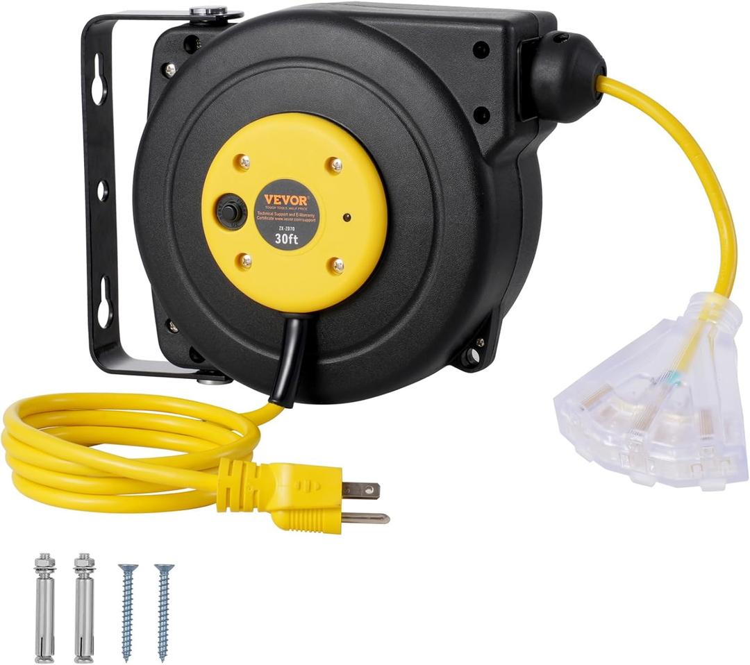 VEVOR Retractable Extension Cord Reel, 30 FT, Heavy Duty 16AWG/3C SJTOW Retractable Power Cord Reel with Lighted Triple Tap Outlet 10 Amp Circuit Breaker 4.5FT Lead-in Cord, for Ceiling or Wall Mount (Yellow)