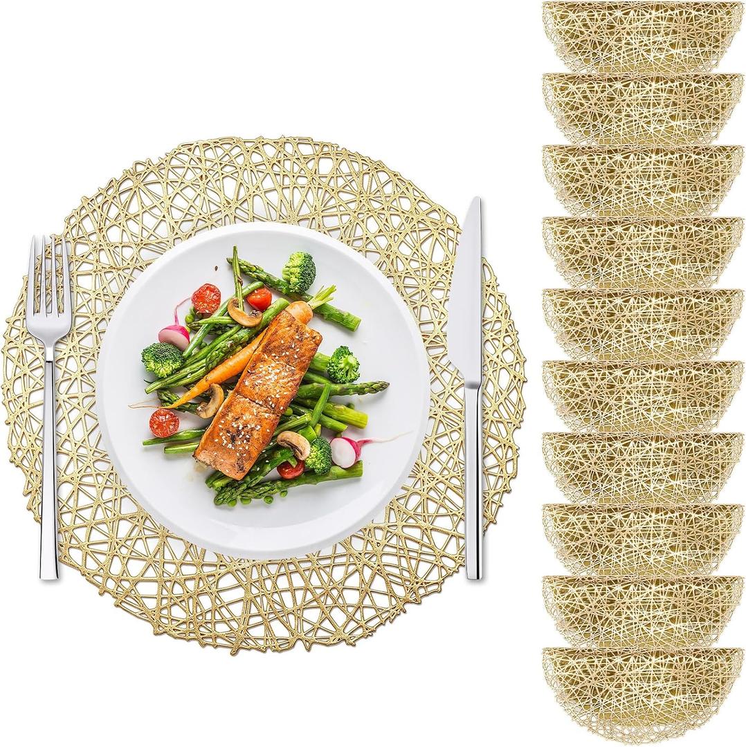 10Pcs Gold Placemats Round, Heat Resistant Woven Gold Placemats Hollow Out Pressed for Party Dinner Table, 14.96 inches