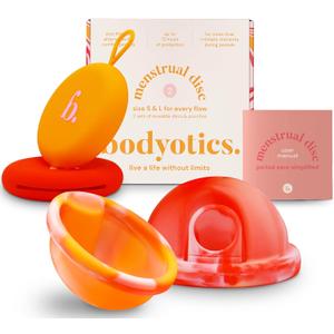 Menstrual Disc Reusable, 2-Pack Size S & L - Softer Than Menstrual Cups and Can Be Used Intimate Moments - Comfort-Fit Period Disc Set with 12 Hr Wear - 100% Medical Grade Silicone (Red and Orange)