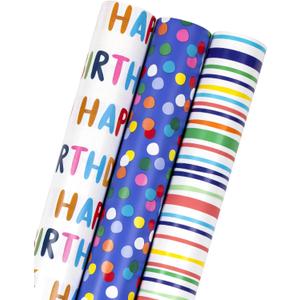 MAYPLUSS Birthday Wrapping Paper Roll - Mini Roll - 17 inch X 120 inch Per roll - Polka dots, Stripes Patterns (42.3 sq.ft.ttl) (Blue)