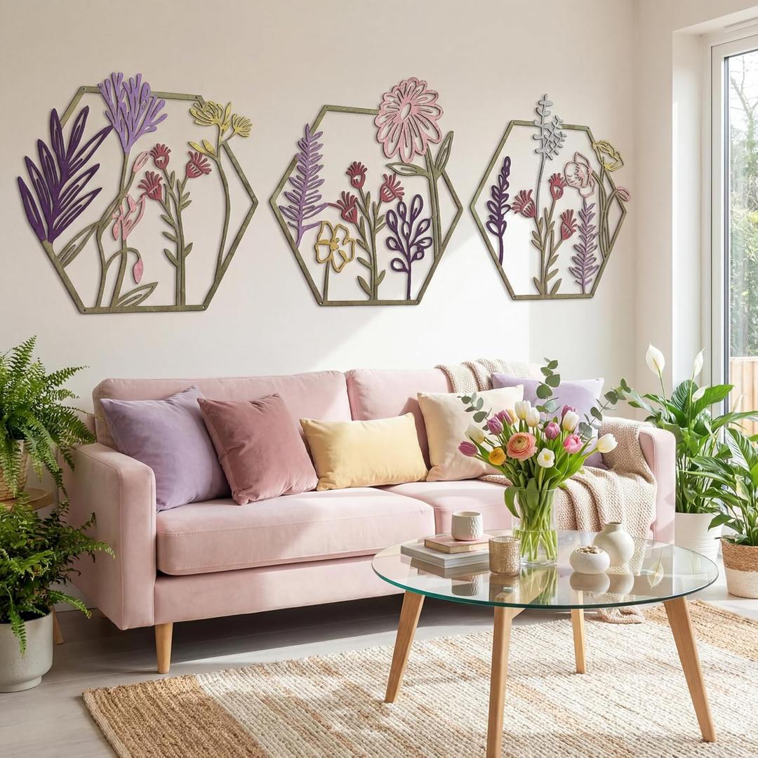 Peryiter 3 Pcs Metal Flower Wall Decor Minimalist Floral Wall Hanging Decor Metal Flower Rustic Floral Art for Spring Living Room Bathroom Kitchen Indoor Outdoor(Colorful)