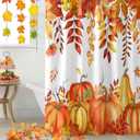 Fall Pumpkins Maple Leaf Shower Curtain Orange Autumn Leaves Harvest Waterproof Shower Curtain with Hooks Thanksgiving Farmhouse Shower Curtains for Bathroom, Hotel, Stalls, Bathtubs, 72x72 Inch